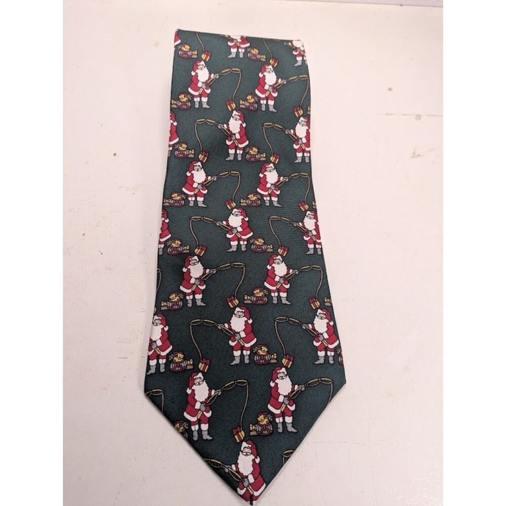 Christopher Hayes 100% Silk Santa Christmas Tie Dark Green Vintage Holiday